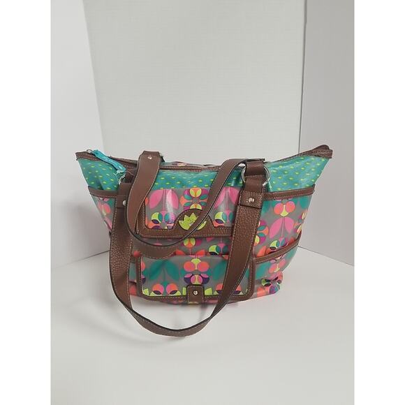 LILY BLOOM Floral Purse Shoulder Tote Large Lime Green Orange Blue Turquoise - Picture 2 of 10